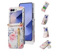 ESONG Cover a Portafoglio per Samsung Galaxy Z Flip 6 con Cinturino,Custodia Floreale Antiurto Protezione con Slot per Schede/Cordino/Stand,Caso in Pelle Premium PU Protettiva Case per Donna-Bianco