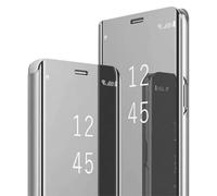 ESONG Funda movil para Samsung Galaxy A20s,Funda Espejo Flip Mirror Caso,Ultra Slim Ligero Flip Libro Clear View Standing Cover, PC + PU Protectora Bumper Soporte Plegable Case-Plata
