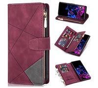 ESONG Funda para Xiaomi Poco X3/X3 Pro/X3 NFC,Ultra Delgada Cuero Billetera Vuelta,con Tarjetero y función Atril,Cremallera y Cierre magnético - Rojo