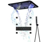 ESOP Sistema de Ducha Termostático, 64 Colores RGB LED Conjunto de Ducha Música Columna de Ducha Negro Set de Ducha con 580 * 380 mm 3 Funciones Alcachofa de Ducha, 6pcs 50 * 50 mm Chorros de Masaje