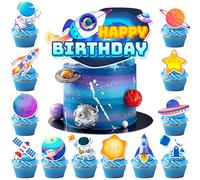 Espacial Decoración Tartas, 24 Pcs Adornos para Cupcakes del Espacio Exterior & 1 Pcs Cake Topper con Tema Espacial/Decoración para Tarta de Cumpleaños Espacial para Decoración Cumpleaños Espacial