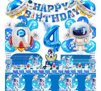 Espacio Cumpleaños Decoracion 4 Años,Astronauta Globos Cumpleaños 103 Pcs,Espacial Vajilla Kit con Mantel Plato Happy Birthday Banners,Espacio Globo Helio,Cohete Cumpleaños Fiesta Niños Niñas