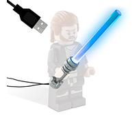 Espada láser con conexión LED y USB, compatible con Lego Star Wars, cable de 80 cm, súper fino, para minifiguras, mango plateado, (azul, 80 cm)