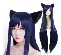 ESPADE Cosplay Wig Juego LOL Ahri 100cm Largo Azul Oscuro Peluca The Nine-Tailed Fox Mujeres Resistente al Calor Pelo Cosplay Disfraz Pelucas + Orejas