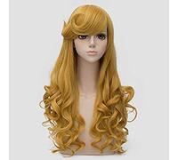 ESPADE Cosplay Wig Peluca de Princesa Aurora Largo Dorado Ondulado Estilo Flequillo Resistente al Calor Pelo sintético Cosplay Disfraz Pelucas + Gorro de Peluca