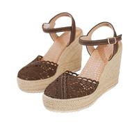 Espadrillas Plataforma Gruesa Sandalias Encaje Crochet Tira Tobillera Ajustable Trenzada Confortable Antideslizante Para Playa Y Eventos Sociales,Café, Size 40.5