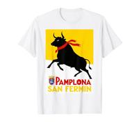 Espana San Fermin Pamplona Spanish Flag Bull Running Camiseta gráfica económica, Hombre, Blanco, L