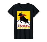 Espana San Fermin Pamplona Spanish Flag Bull Running Camiseta gráfica económica, Mujer, Negro, L