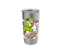 Español: t-rex dinosaurio montando unicornio arcoíris Vaso térmico de acero inoxidable de doble pared