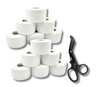 Esparadrapo o Tape Deportivo y Vendaje para Crossfit, Fútbol y Más (12 Rollos de 3.8 cm x 10 m + Tijeras) - Cinta Adhesiva Fisioterapéutica, Esparadrapo de Tela, Color Blanco