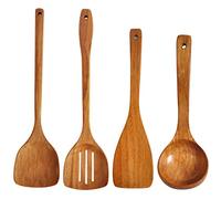 Espátula de madera, espátulas ranuradas, cucharón de mango largo, utensilios de cocina hechos a mano (juego de 4 unidades)