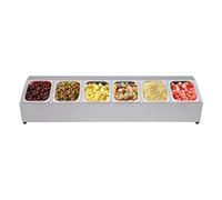 Especiero Acero Inoxidable con 6 Recipientes 1,5L, Estante de Condimentos | Inclinado con fondo hueco antipolvo, tapas con asa, patas de goma antideslizantes, apto lavavajillas, 104 x 22,5 x 22 cm