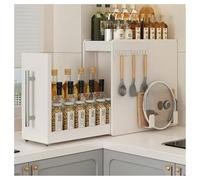 Especiero con 2 niveles y cajón, resistente, extensible, estante de metal estrecho, estante deslizante vertical para especias de cocina y utensilios de cocina (blanco, 2 niveles, L)