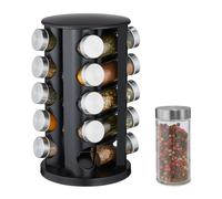 Relaxdays Especiero Giratorio, 20 Dosificadores, 360º, 80 ml, Acero Inoxidable, Cristal, 27,5x20 cm, Rellenables, Negro, 34,5 x 22 x 22 cm