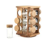 Especiero giratorio Salter Toronto: 12 frascos de vidrio rellenables, etiquetas para especias, tapas de rosca, madera de acacia FSC, frescura duradera, base giratoria, compacto.