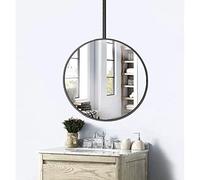 Espejo colgante de techo redondo con marco de metal, espejo decorativo de maquillaje con soporte de brazo, elegante espejo flotante para baño, entrada, dormitorio, sala de estar, acabado negro