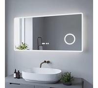 Espejo de baño con iluminación LED y reloj, espejo de pared con iluminación LED, 120 x 60 cm Boras tipo D | blanco frío 6400 K, antiniebla, interruptor táctil regulable, reloj digital, 3 lupa