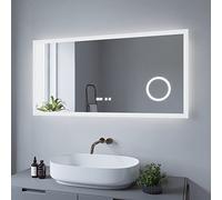 Espejo de baño con iluminación LED y reloj, espejo de pared con iluminación LED, 120 x 60 cm ECHOS tipo D | blanco frío 6400 K, antiniebla, interruptor táctil regulable, reloj digital, 3 lupa