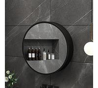 Espejo de baño de madera maciza,Espejo de pared redondo con almacenamiento, con estantes de 2 niveles,una puerta,Abierto a la izquierda o a la derecha,negro-60 cm/23 pulgadas