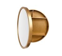 Espejo de baño dorado montado en la pared con estante, 50 x 50 x 13 cm, espejo de maquillaje y tocador para paredes de azulejos, elegante diseño redondo, solución de almacenamiento que ahorra espacio