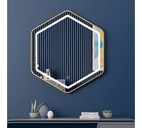 Espejo de baño hexagonal LED con tira de luz antiempañamiento, control táctil, acabado dorado, 60 x 55 cm, montaje en pared, diseño moderno, iluminación elegante para tocador.
