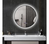 HOMCOM Espejo de baño Redondo LED de Pared con luz Ø70 cm Negro | Retroiluminado, regulable, antivaho, interruptor táctil, pantalla de hora y temperatura