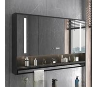 Espejo de baño iluminado LED con botón de desempañamiento de almacenamiento, espejo de maquillaje, negro, 70 x 12 x 75 cm, esencial para el baño elegante y funcional
