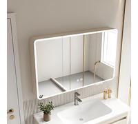 Espejo de baño iluminado LED inteligente tocador de maquillaje con reflejo HD antivaho gabinete de medicina elegante diseño beige (70 x 13 x 70 cm)
