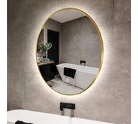 Espejo de baño iluminado LED sin niebla, marco redondo de metal dorado montado en la pared, 27.6 pulgadas, función antivaho para un reflejo claro
