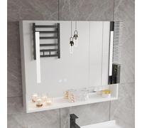 Espejo de baño inteligente LED montado en la pared, espejo táctil antivaho de aluminio con soporte para secador de pelo y ranura para pañuelos (blanco, 31.5 x 5.1 x 27.6 pulgadas)