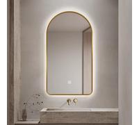 Espejo de baño LED antivaho de 100/120/130 cm, espejo de pared curvado inteligente, regulable, interruptor táctil de triple color, marco dorado (retroiluminado, 36 x 24 pulgadas)