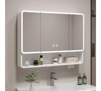 Espejo de baño LED con almacenamiento antiniebla, iluminación de 360°, marco de aluminio, soporte para pañuelos, color blanco, dimensiones: 90 x 13 x 70 cm