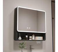 Espejo de baño LED con almacenamiento antiniebla, iluminación de 360°, marco de aluminio, soporte para pañuelos, gris, 60 x 13 x 70 cm, espejo de tocador moderno