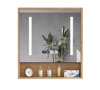 Espejo de baño LED con almacenamiento de madera maciza, espejo de tocador con luces, pantalla inteligente antivaho y visualización de tiempo, interruptor táctil inteligente montado en la pared