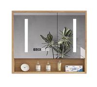 Espejo de baño LED con almacenamiento de madera maciza para botiquín con luces, espejo de tocador con almacenamiento y luces, pantalla de tiempo antivaho, interruptor táctil inteligente.