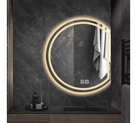 Espejo de baño LED con espejo de pared semicircular antiniebla, 3 colores regulables, 50 x 45 cm a 90 x 81 cm, 3 métodos de colgar, decoración elegante y funcional