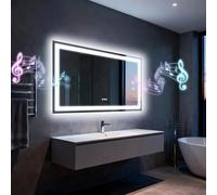 Espejo de baño LED con luces, altavoz dual Bluetooth 100x70 cm, antivaho, 3 temperaturas de color, brillo regulable, función de memoria, impermeable, diseño de montaje en pared, vidrio templado