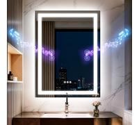 Espejo de baño LED con luces, altavoz dual Bluetooth 60x80 cm, antivaho, 3 temperaturas de color, brillo regulable, función de memoria, impermeable, diseño de montaje en pared, vidrio templado