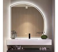 Espejo de baño LED de media cara, moderno, sin empañamiento, 3 colores, ajustable, pantalla de hora de luz, corte izquierdo, 60 x 60 cm, para decoración del hogar