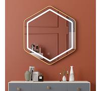 Espejo de baño LED hexagonal a prueba de explosiones con luz, control de un solo toque, 50 x 45 cm, elegante decoración de pared, tira de iluminación LED impermeable, acabado negro