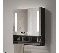 Espejo de baño LED inteligente antivaho de madera para montaje en pared con almacenamiento iluminado espejo de maquillaje para un reflejo claro decoración moderna del hogar