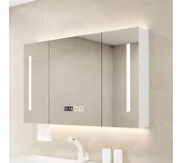 Espejo de baño LED inteligente con almacenamiento montado en la pared, antivaho, brillo ajustable, 3 modos de iluminación, espejo de maquillaje, visualización de tiempo y temperatura