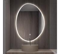 Espejo de baño LED ovalado inteligente con retroiluminación diseño irregular, iluminación de 3 colores para maquillaje, montado en la pared, 70 x 90 cm, decoración moderna