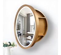 Espejo de baño LED redondo con luces de 60 cm, color dorado, para almacenamiento de pared, elegante gabinete de medicina LED para baño, espejo de tocador moderno con iluminación