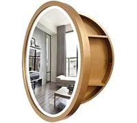 Espejo de baño LED Smart Touch de 70 cm, redondo, de madera, solución de almacenamiento de pared, totalmente montado, elegante, marrón, decoración del hogar, maquillaje funcional