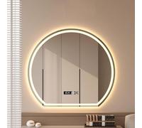 Espejo de baño moderno con retroiluminación LED, espejo de maquillaje irregular montado en la pared con iluminación regulable de 3 colores, película antivaho, pantalla de tiempo y temperatura (90 x 80
