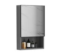 Espejo de baño montado en la pared con puerta individual y estantes de almacenamiento, diseño rectangular para organización del baño