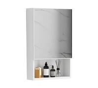 Espejo de baño montado en la pared con puerta individual y estantes de almacenamiento, diseño rectangular para organización del baño