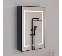 Espejo de baño negro con luz montado en la pared, armario de almacenamiento, antivaho, cuenta con puertas dobles de espejo de 50 cm, ideal para espacios pequeños, diseño moderno.