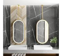 Espejo de baño Ovalado Colgante de Techo con luz LED, Espejo de tocador Flotante de Pared con Marco de Metal Dorado y Brazo articulado (50 cm x 60 cm).